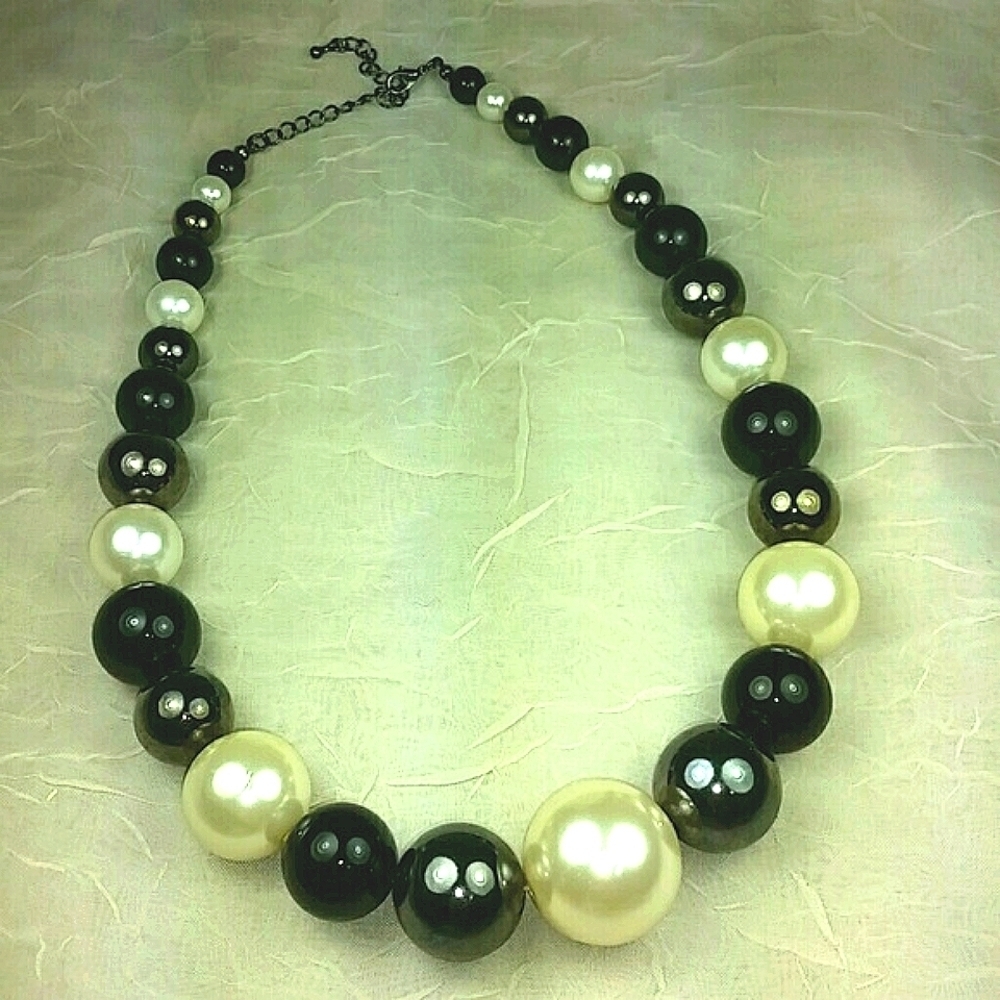 Statement Necklace Graduated Giant Pearlized Beads Ivory Bronze Black Chunky